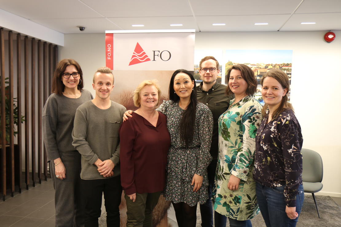 #HEIERNA: Marianne Solberg (nestleder i FO), Ole Henrik Kråkenes (plasstillitsvalgt FO), Mimmi Kvisvik (forbundsleder FO), Ine Haver, Christian Wiik Kynsveen (forbundsledelsen i FO), Kathrine Haugland Martinsen (forbundsledelsen FO), og Eilen Sjursen (hovedtillitsvalgt FO).