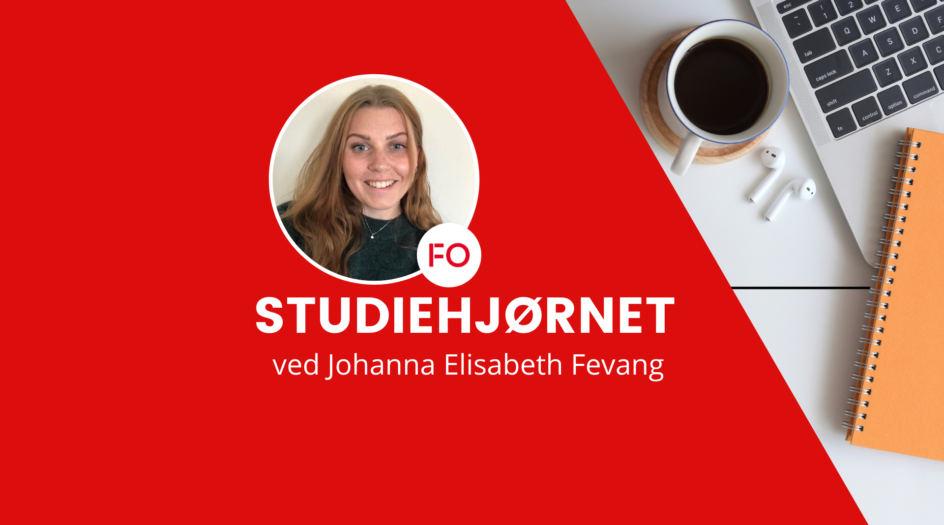 Bilde av "Studiehjørnet" sitt banner med bilde av Johanna, som er forfatter, og FO sin logo på rød bakgrunn